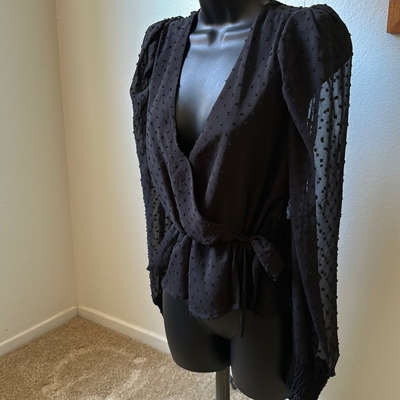 Revamped Black Sheer Dotted Long Sleeve Peplum Blouse - Picture 4 of 5